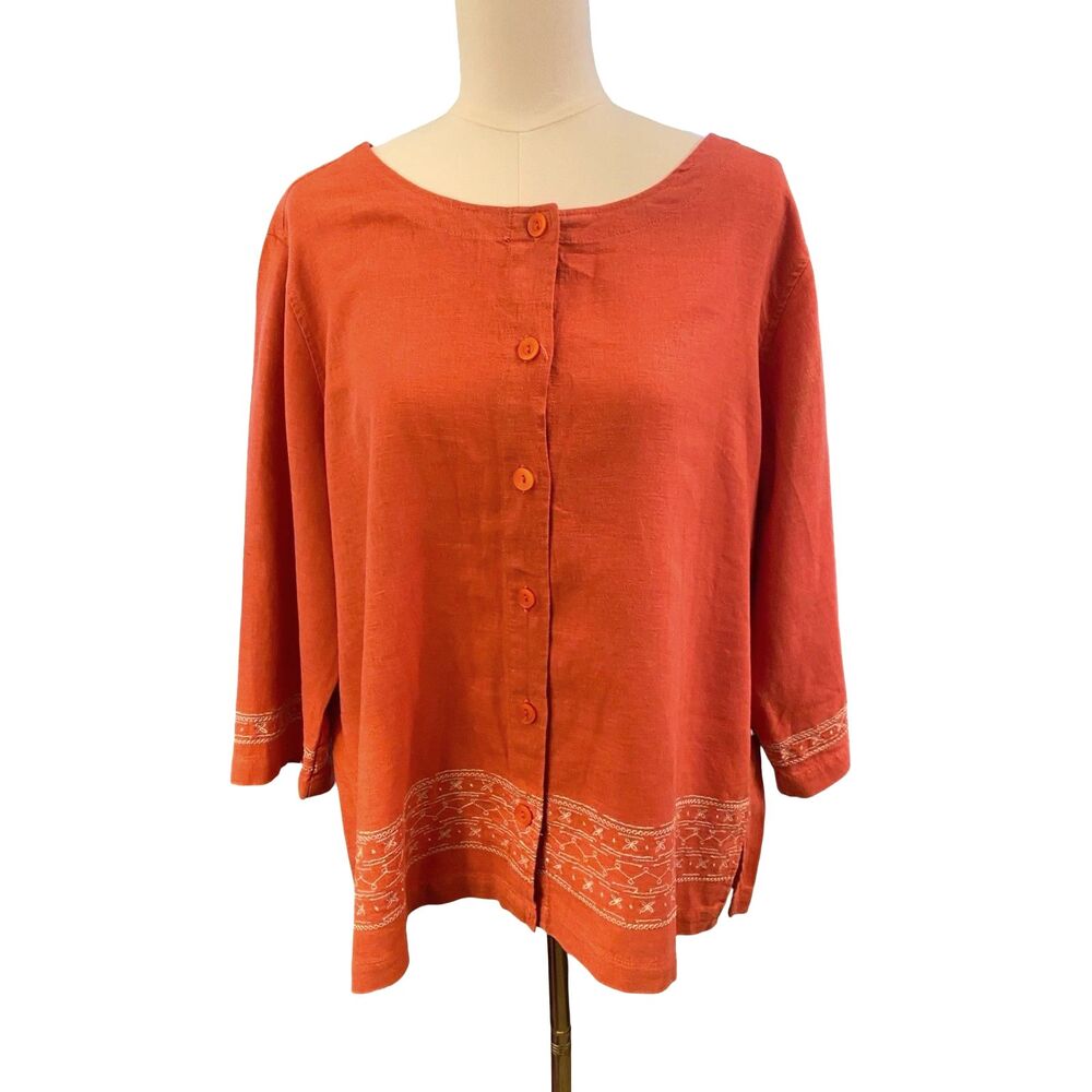 Vintage Erika Linen Embroidered Orange Blouse Cardigan Large Boho 3/4 Sleeve EUC